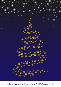 Stylized gold Christmas tree as symbol of Happy New Year holiday or Merry Christmas celebration. Bright design element for card on black background. Vector illustration