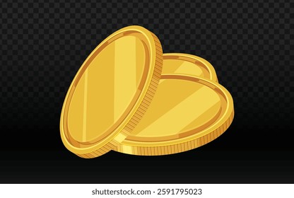 Stylized gold coins stacked with a flat, cartoonish design against a dark checkered transparent background. Perfect for finance, gaming, or treasure-themed designs. Versatile for creative or modern