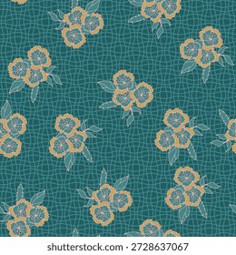 Flores azules con bordes de oro estilizados sobre fondo de celosía texturizada para tapicería de ropa de cama de Fondo de pantalla y envoltura de regalo.