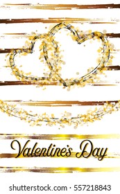 Stylized gold glitter texture hearts with black lines on white background invitation card and gold brush lines. Vector illustration.