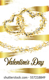 Stylized gold glitter texture hearts with black lines on white background invitation card and gold brush lines. Vector illustration.