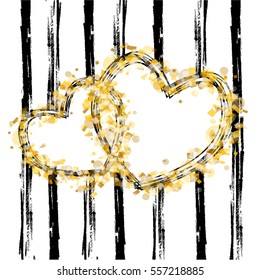 Stylized gold glitter texture hearts with black lines on white background invitation card and black brush lines. Vector illustration.