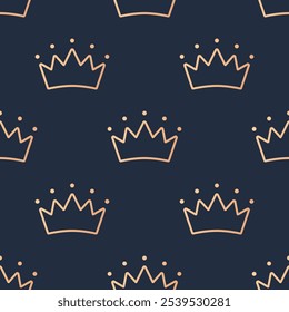 Stylized gold line crowns on indigo blue background. Vector seamless pattern.