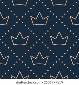 Stylized gold line crowns on indigo blue dotted background. Vector seamless pattern.