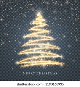 Stylized gold Merry Christmas tree silhouette from shiny circle particles on black transparent background. Vector golden christmas fir illustration eps10