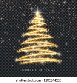 Stylized gold Merry Christmas tree silhouette from shiny circle particles on black transparent background. Vector golden christmas fir illustration eps10