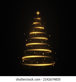 Stylized gold Merry Christmas tree silhouette from shiny circle particles on black transparent background. Shiny stylish magical spiral Christmas tree with shining star. 