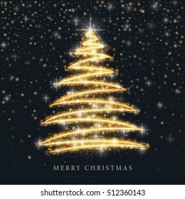 Stylized gold Merry Christmas tree silhouette from art circle particles on black background. Vector illustration eps10