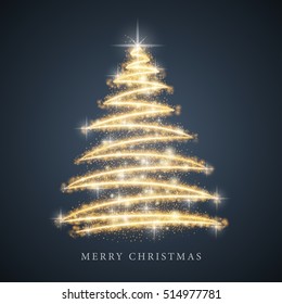 Stylized Gold Merry Christmas Tree Silhouette From Art Circle Particles On Black Background. Vector Christmas Tree Illustration Eps10