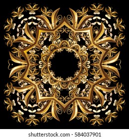 Stylized gold snowflakes and dots on black background. Vector abstract design.