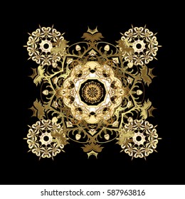 Stylized gold snowflakes and dots on black background. Vector abstract design.
