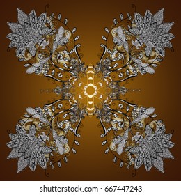 Of stylized gold snowflakes and dots on brown background. Vector abstract design.