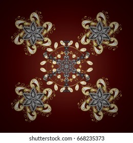 Of stylized gold snowflakes and dots on brown background. Vector abstract design.