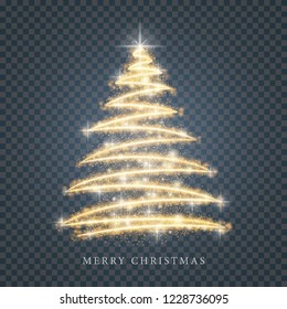 Stylized gold sparkle Merry Christmas tree silhouette from shiny circle particles on black transparent background. Vector golden christmas fir illustration eps10