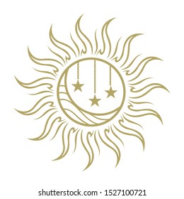 Stylized Gold Sun, Moon And Stars, Vector 