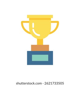 Stylized gold trophy icon on a layered base. Flat graphic style representing success and achievement.