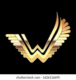 Stylized gold W with feathered wings. Vector illustration
