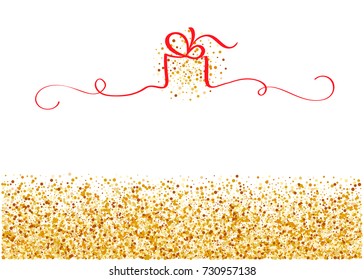 stylized golden background with red ribbon in form of gift with place for text. Vector holiday illustration EPS10.
