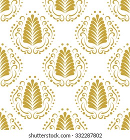 Stylized golden damask leaf or feather seamless pattern. Elegant fan and swirls background. Repeatable elements for textile fabric, invitation cards.