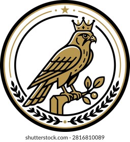 Stylized golden falcon emblem with crown, perched on a branch, surrounded by laurel leaves