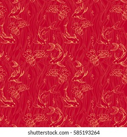 Stylized golden fishes seamless and lily pads. Ornamental line art hand drawing. Decorative vector pattern isolated on red background.