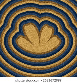 Stylized golden floral element surrounded by layered blue and gold ripple pattern. Vector illustration with a modern abstract touch.