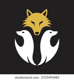 Stylized golden fox head emblem positioned above two white sleek animal figures in a modern minimalist graphic design