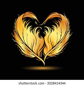 Stylized golden heart shape made by bird feather silhouette. Ornate vector illustration for emblem, icon, greeting card, love concept, beauty, fashion decoration on black background