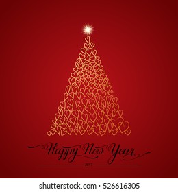 Stylized golden hearts decorative fir tree on red background.Winter holiday greeting card. Vector Illustration with lettering Happy New Year