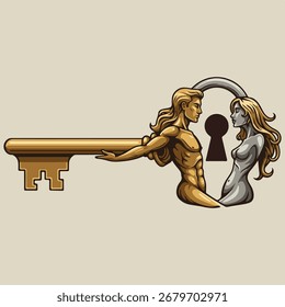 Uma chave dourada estilizada onde o arco é formado pelos perfis de um homem e uma mulher, representando o acesso compartilhado, parceria e oportunidade mútua.