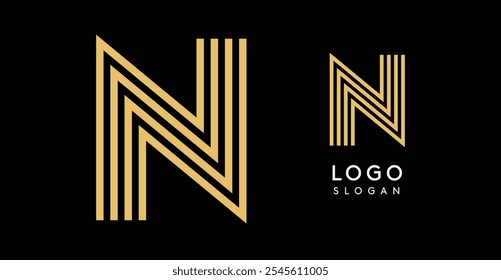 stylized golden letter N composed of parallel and intersecting lines forming an elegant geometric logo on a black background