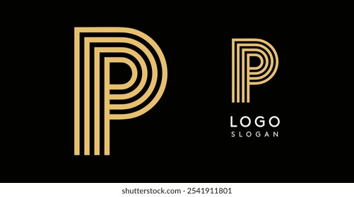 stylized golden letter P composed of concentric lines creating an elegant geometric logo on a black background