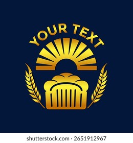 A stylized, golden logo featuring a loaf of bread, wheat stalks, and a sunburst design, perfect for bakeries, cafes, or food-related businesses. The text area allows for customization.