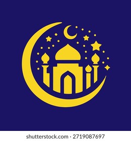 Silueta de la mezquita dorada estilizada con la luna y las estrellas en un fondo azul profundo para las celebraciones islámicas