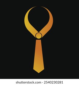 a stylized golden necktie with a circular knot, resembling a pair of calipers or a compass. The design is sleek and modern, set against a black background.