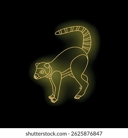 Stylized golden neon ring tailed lemur crouching on black background, glowing line art representation of exotic wildlife