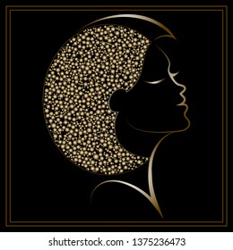 Stylized golden profile of woman. Suitable for invitation, flyer, sticker, poster, banner, card, label, cover, web. Vector illustration.