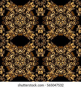Stylized golden stars, snowflakes and grids. Ethnic Indian folklore. Vector abstract seamless patchwork background with black and golden ornaments, geometric Moroccan seamless pattern.
