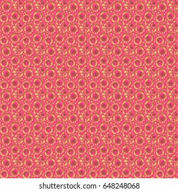 Stylized golden stars, snowflakes and grids. Ethnic Indian folklore. Vector abstract seamless patchwork background with pink and golden ornaments, geometric Moroccan seamless pattern.