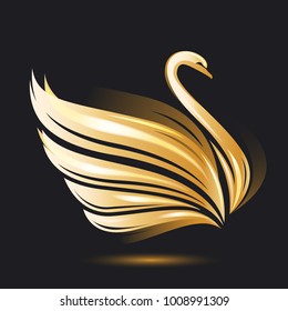 Stylized Golden Swan silhouette on black background. Bird image. Vector illustration. Works well as a tattoo, emblem, print, computer icon, insignia, mascot, element for greeting card.