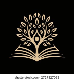 Uma árvore dourada estilizada com folhas e um círculo cresce a partir de um livro aberto em um fundo preto sólido, representando conhecimento, crescimento e aprendizado em um design simples, mas elegante.