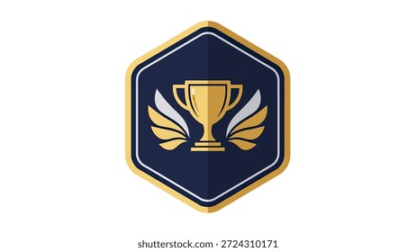Um troféu dourado estilizado com asas estilizadas, apresentado dentro de um emblema hexagonal. Representa conquista, vitória e reconhecimento.