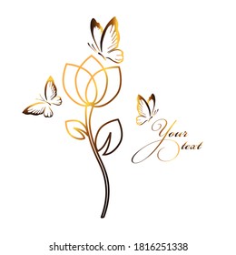 Stylized golden tulip flower with butterflies. Vector illustration