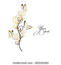 Stylized golden tulip flower with butterflies. Vector illustration