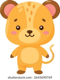 A stylized, golden-yellow lion cub with brown paws, ears, and nose, featuring rosy cheeks, large eyes, and a curled tail, standing upright.