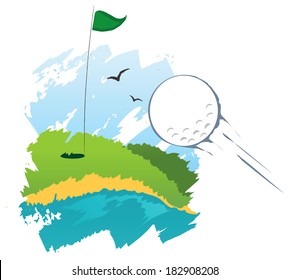 Stylized golf field with flying ball