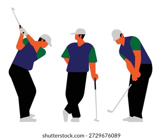 Stylized golfers in different poses showcasing swing, stance, and putting techniques.