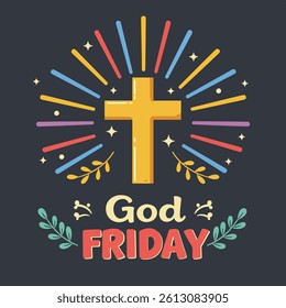 Stylized Good Friday illustration with a central golden cross, energetic colorful lines, and delicate floral elements. Versatile for use in digital designs, print media, and seasonal campaigns