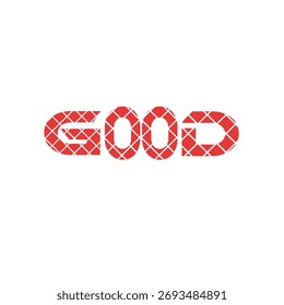 "Stylized GOOD Typography – Abstract Red Word Art with Crisscross Lattice Pattern"