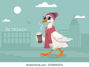 Stylized goose fashionable in the city with a glass of coffee. Cover for a notebook, notepad, image for printing. Wallpaper. Vector graphics.